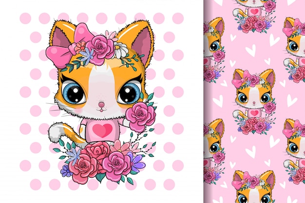 Carte De Voeux Mignon Chaton Avec Des Fleurs Vecteur Premium