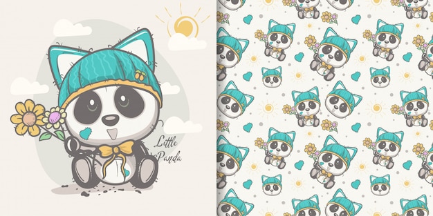Carte de voeux panda mignon de bande dessinée avec un motif sans soudure Vecteur Premium