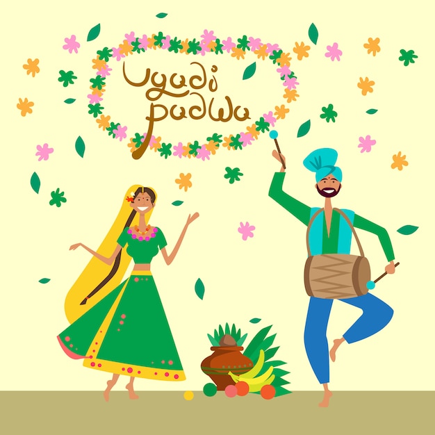 Carte de voeux pour célébrer les heureux ugadi et gudi padwa pour le nouvel an hindou Vecteur Premium