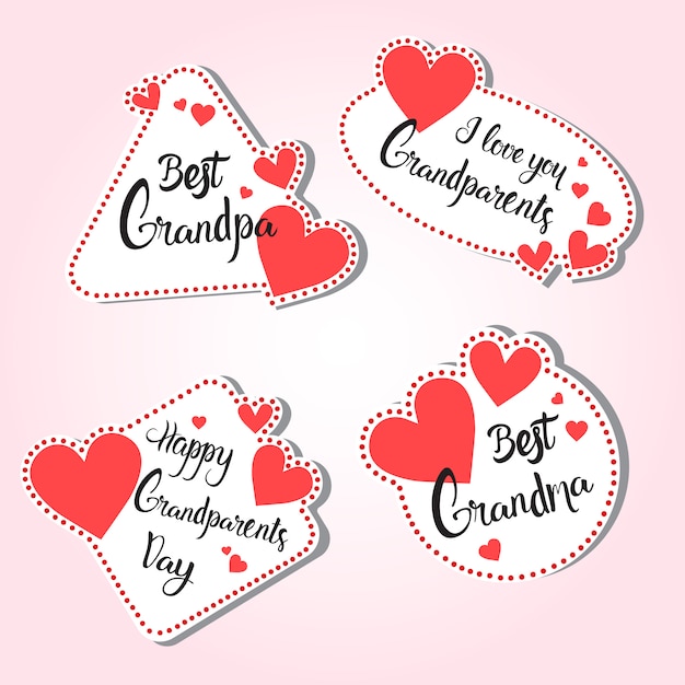Carte de voeux pour le jour des grands-parents heureux ensemble d'autocollants colorés sur fond rose Vecteur Premium