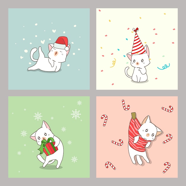 Cartes De Chat Kawaii Dessinees A La Main Au Jour De Noel Vecteur Premium