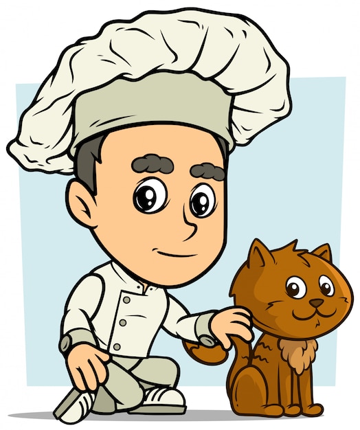 Cartoon Chef Cuisinier Personnage Garcon Avec Chat Vecteur Premium