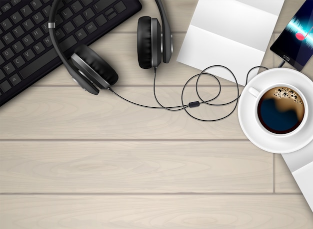 Casque écouteurs Composition Conceptuelle Réaliste Avec Vue De Dessus De L'espace De Travail Avec Clavier Café Et Lecteur De Musique Illustration Vecteur gratuit