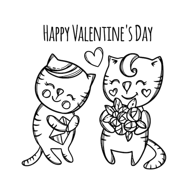 Cat Donne Des Fleurs A Son Chat Bien Aime Joyeuse Saint Valentin Illustration De Dessin Anime Animaux Monochrome Dessines A La Main Vecteur Premium