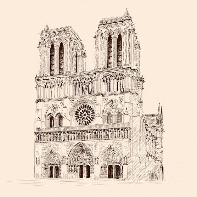 Cathédrale Gothique Catholique Notre Dame De Paris à Paris France Croquis Au Crayon Vecteur 9414