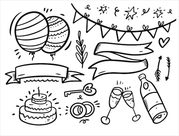 Celebrer Et Joyeux Anniversaire Doodles Ensemble D Elements Isoles Sur Blanc Vecteur Premium