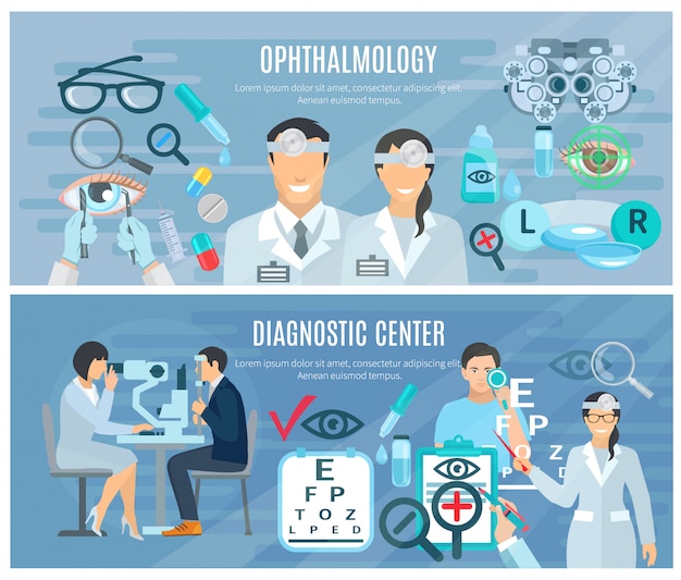 Centre de diagnostic ophtalmique pour test de vision et correction de 2 bannières horizontales plates, ensemble abstrait i Vecteur gratuit