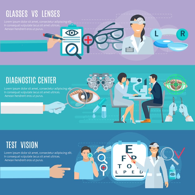 Centre de diagnostic et de traitement pour ophtalmologiste oculiste, mains longues, 3 bannières horizontales plates, ensemble abs Vecteur gratuit