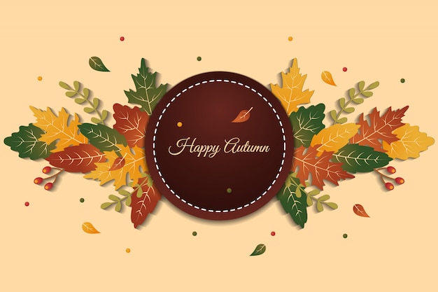 Cercle d'élégant joyeux automne voeux fond avec des feuilles colorées Vecteur Premium