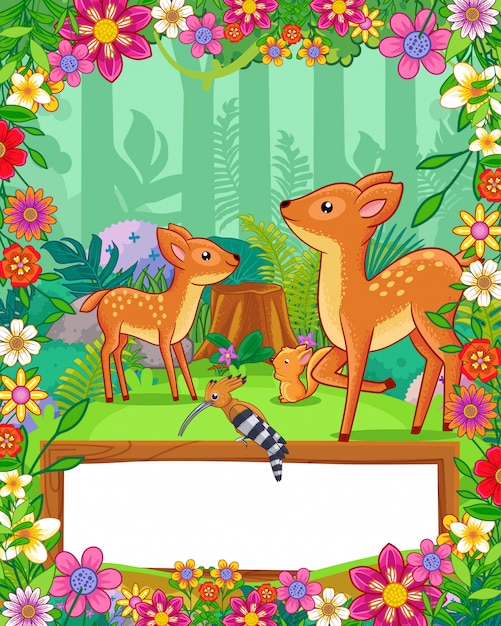 Cerfs mignons avec des fleurs et du bois signe vierge dans la forêt. vecteur Vecteur Premium