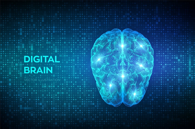 Cerveau. Cerveau Numérique Sur Le Streaming De Code Binaire Numérique. Réseau Neuronal. Vecteur Premium