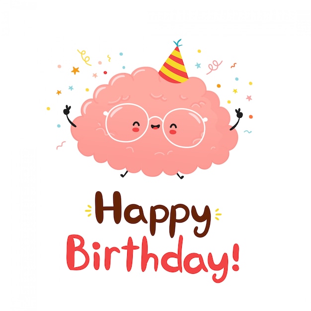 Cerveau Drole Mignon Carte De Style Dessine Main Joyeux Anniversaire Conception D Icone Illustration De Personnage De Dessin Anime Plat Vecteur Premium