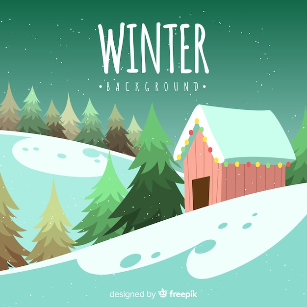 Chalet entouré d'arbres fond d'hiver Vecteur gratuit