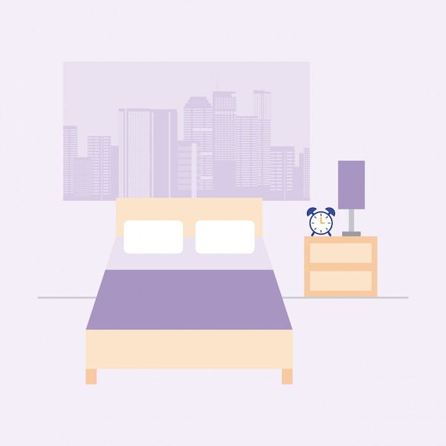 Chambre vide avec lit et fenêtre avec vue sur la ville, style plat Vecteur gratuit