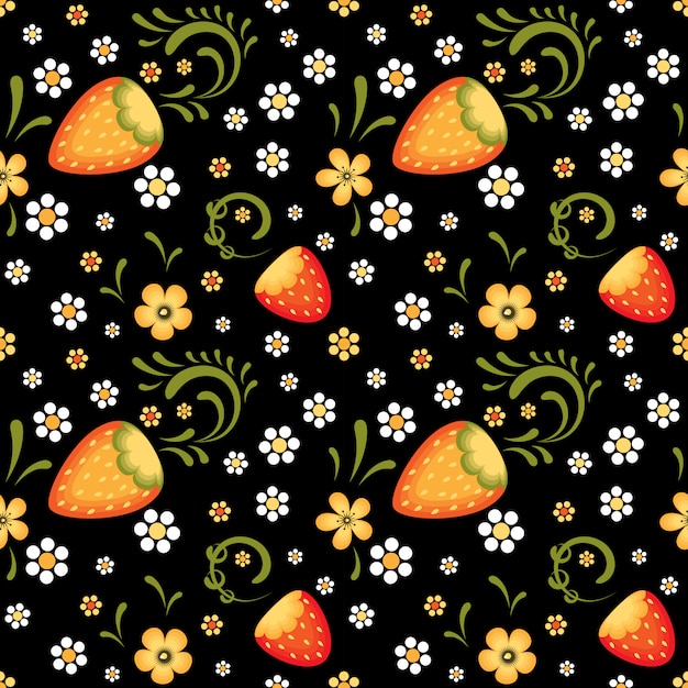Champ de fraises dans le style traditionnel de khokhloma Vecteur Premium