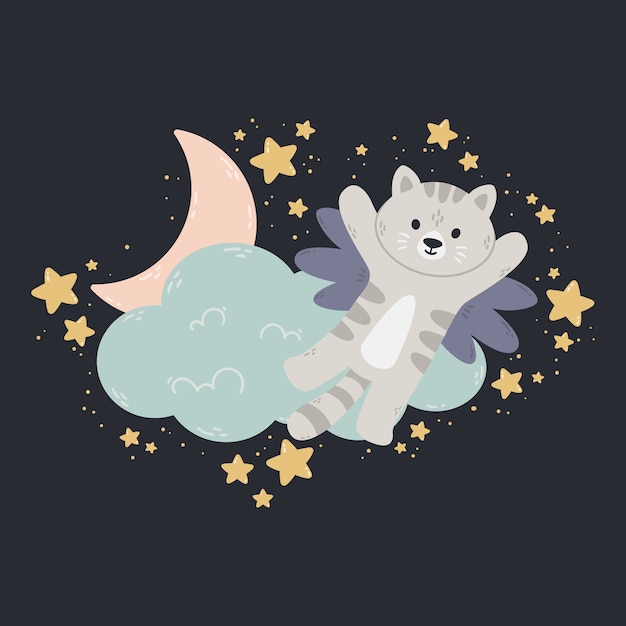 Chat Avec Des Ailes Vole Au Dessus Du Nuage De La Lune Et Des Etoiles Fond