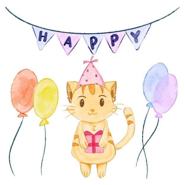 Chat Aquarelle Fete D Anniversaire Vecteur Premium