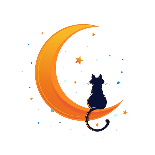 Chat Assis Sur Un Croissant De Lune Entoure D Etoiles Vecteur Premium