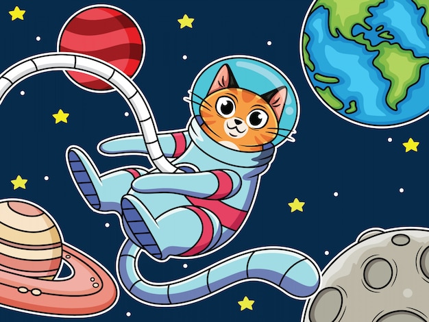 Chat Astronaute De Dessin Anime Volant Dans L Espace Avec Une Expression Mignonne Vecteur Premium