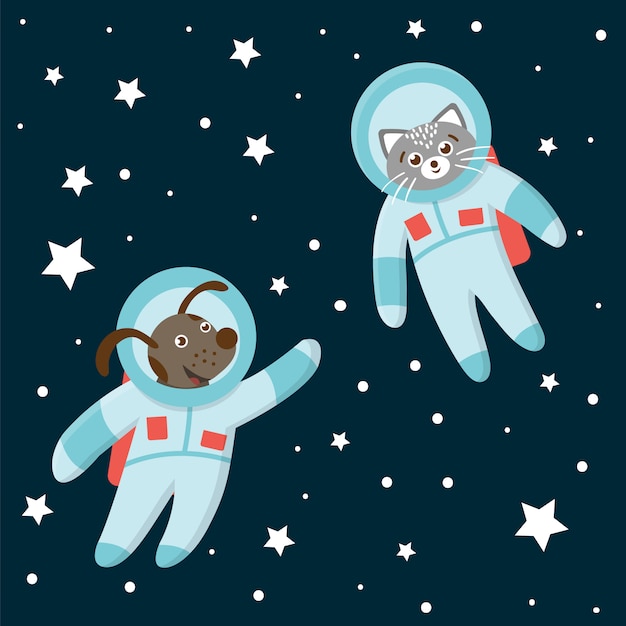 Chat Et Chien Astronaute Drole Dans L Espace Avec Des Planetes Et Des Etoiles Illustration Cosmique Mignonne Pour Les Enfants Sur Fond Bleu Vecteur Premium