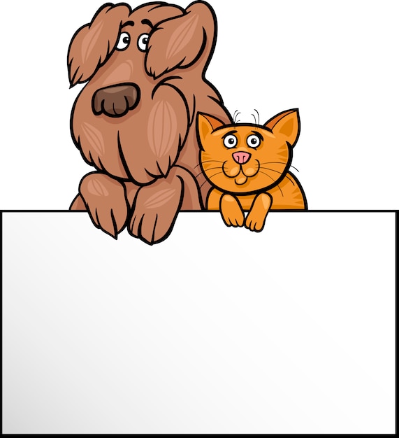 Chat Et Chien Avec Carte De Dessin Anime Vecteur Premium