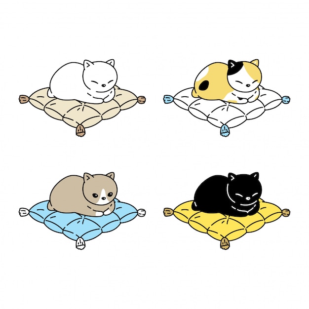 Chat Dessin Anime Chaton Dormir Oreiller Caractere Illustration Vecteur Premium