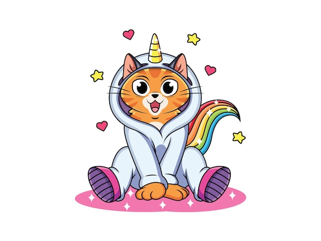 Chat De Dessin Anime Porter Un Costume De Licorne Mignon Vecteur Premium