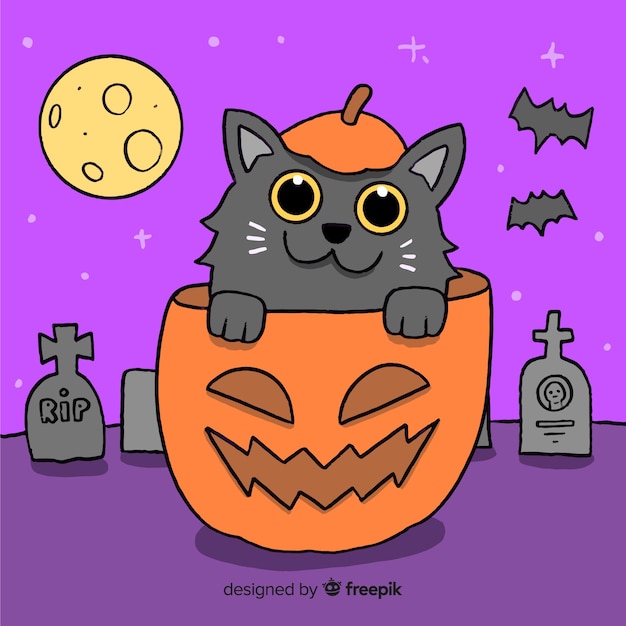 Chat Dessiné à La Main Dans Une Citrouille Dhalloween