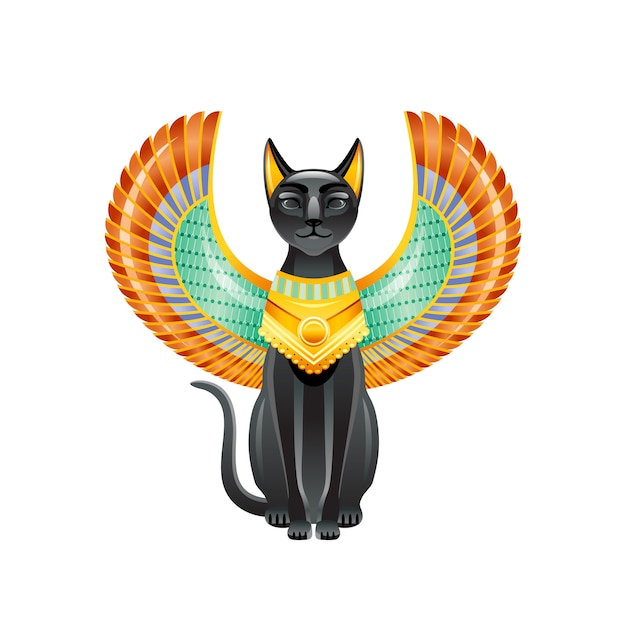 Chat Egyptien Deesse Bastet Chat Noir Avec Des Ailes De Scarabee Et Un Collier En Or Satuette De L Art De L Egypte Ancienne Conception D Icone 3d De Dessin Anime Vecteur Premium