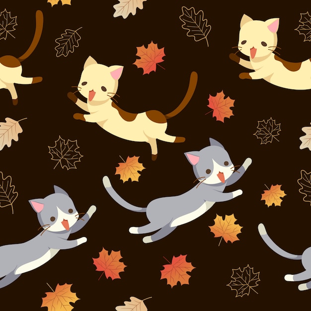 Chat Et Feuilles D Automne Modele Sans Couture Vecteur Premium