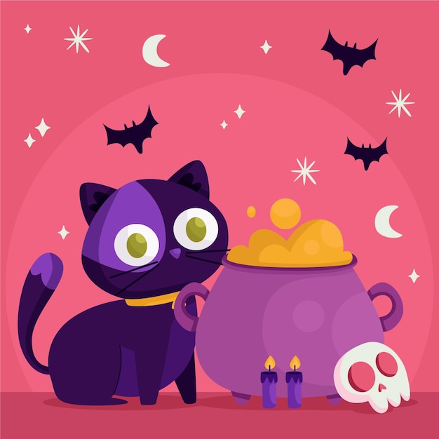 Chat D Halloween Design Plat Avec Chaudron Vecteur Gratuite