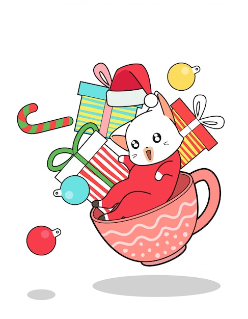 Chat Kawaii Et Cadeaux Dans Une Tasse Le Jour De Noel Vecteur Premium