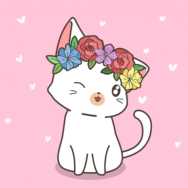 Chat Kawaii Dessine A La Main Avec Une Couronne De Fleurs Vecteur Premium