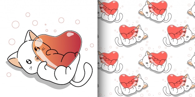Chat Kawaii Modèle Sans Couture étreint Coeur Vecteur Premium
