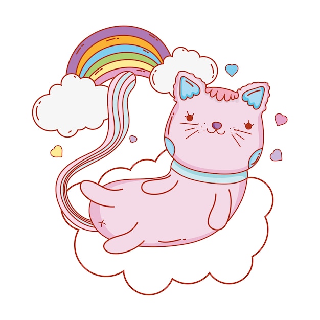 Chat Mignon Avec Arc En Ciel Et Coeurs Dans Le Nuage Vecteur Premium