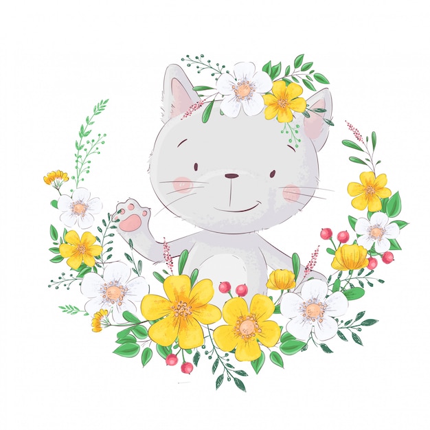 Chat mignon de bande dessinée. dans le cadre de fleurs Vecteur Premium