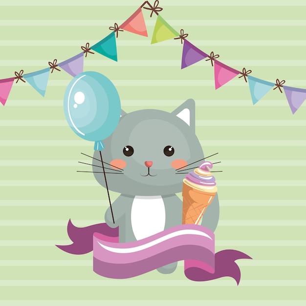 Chat Mignon Avec Carte D Anniversaire De Caractere Kawaii Douce Glace Vecteur Premium