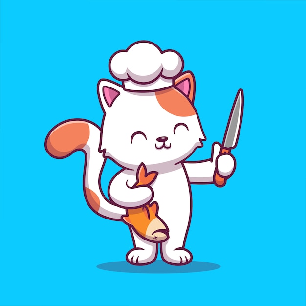 Chat Mignon Chef Tenant Le Poisson Et Le Couteau Dessin Anime Icone Illustration Concept D Icone De Nourriture Animale Nourriture Isole Premium Style De Bande Dessinee Plat Vecteur Premium