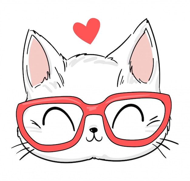 Chat Mignon Dessine A La Main Avec Illustration De Croquis De Lunettes Chat De Conception D Impression Impression D Enfants Sur T Shirt Vecteur Premium