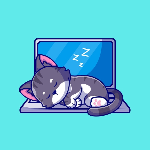 Chat Mignon Dormant Sur L Illustration De L Icone De Dessin Anime Pour Ordinateur Portable Vecteur Premium