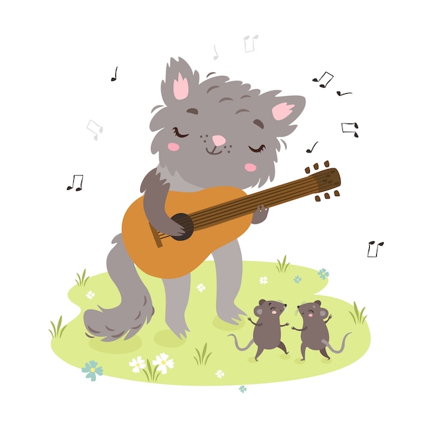 Chat Mignon Joue De La Guitare Les Souris Dansent Vecteur Gratuite