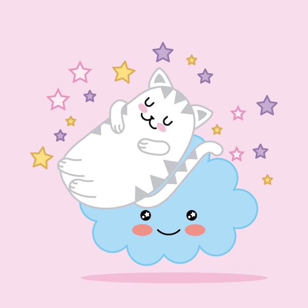 Chat Mignon Kawaii Dormir Dans Clouud Avec Dessin Animé