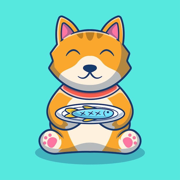 Chat Mignon Manger Du Poisson Dessin Anime Concept De Dessin Anime D Icone De Chat Illustration Animale Style De Bande Dessinee Plat Vecteur Premium