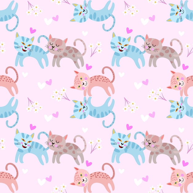 Chat mignon avec motif sans soudure de forme de coeur. Vecteur Premium