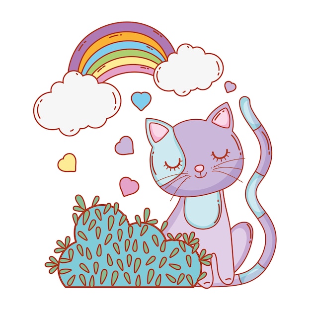 Chat Mignon Avec Nuages Arc En Ciel Et Buisson Vecteur Premium