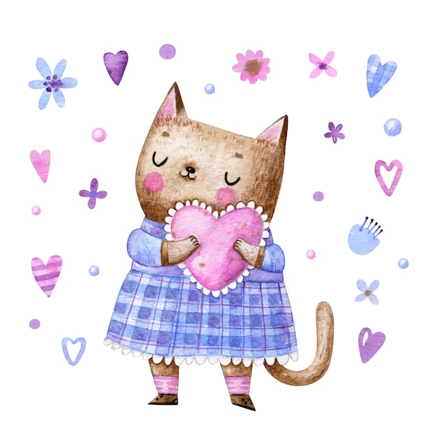 Chat Mignon En Robe Tenant Un Coeur Rose En Style Cartoon Pour La Saint Valentin Vecteur Premium