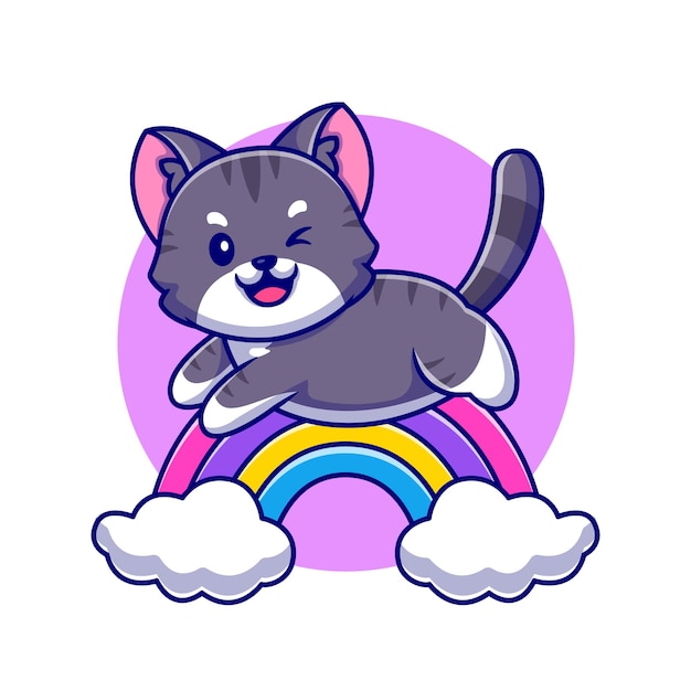 Chat Mignon Sautant Avec Illustration D Icone De Dessin Anime Arc En Ciel Et Nuage Vecteur Gratuite