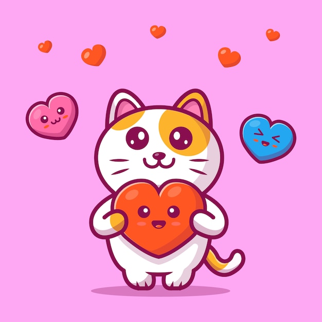 Chat Mignon Tenant Kawaii Love Vector Illustration Chat Et Coeur Vecteur Premium