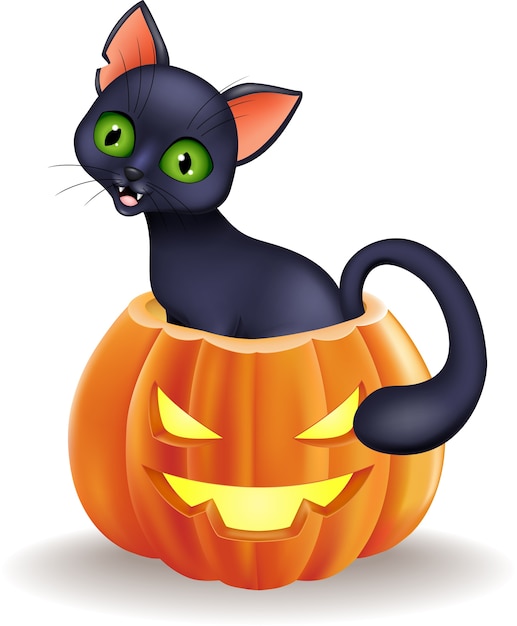 Chat Noir De Bande Dessinee Assis Dans La Citrouille D Halloween Vecteur Premium