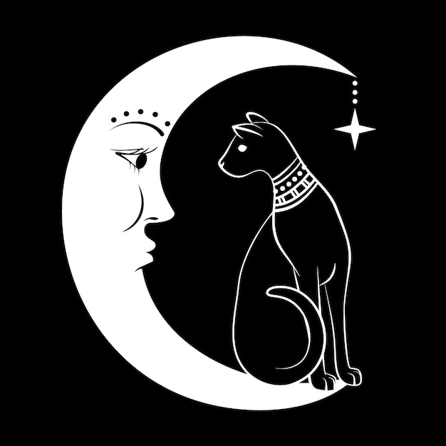 Chat Noir Sur La Lune Vecteur Premium